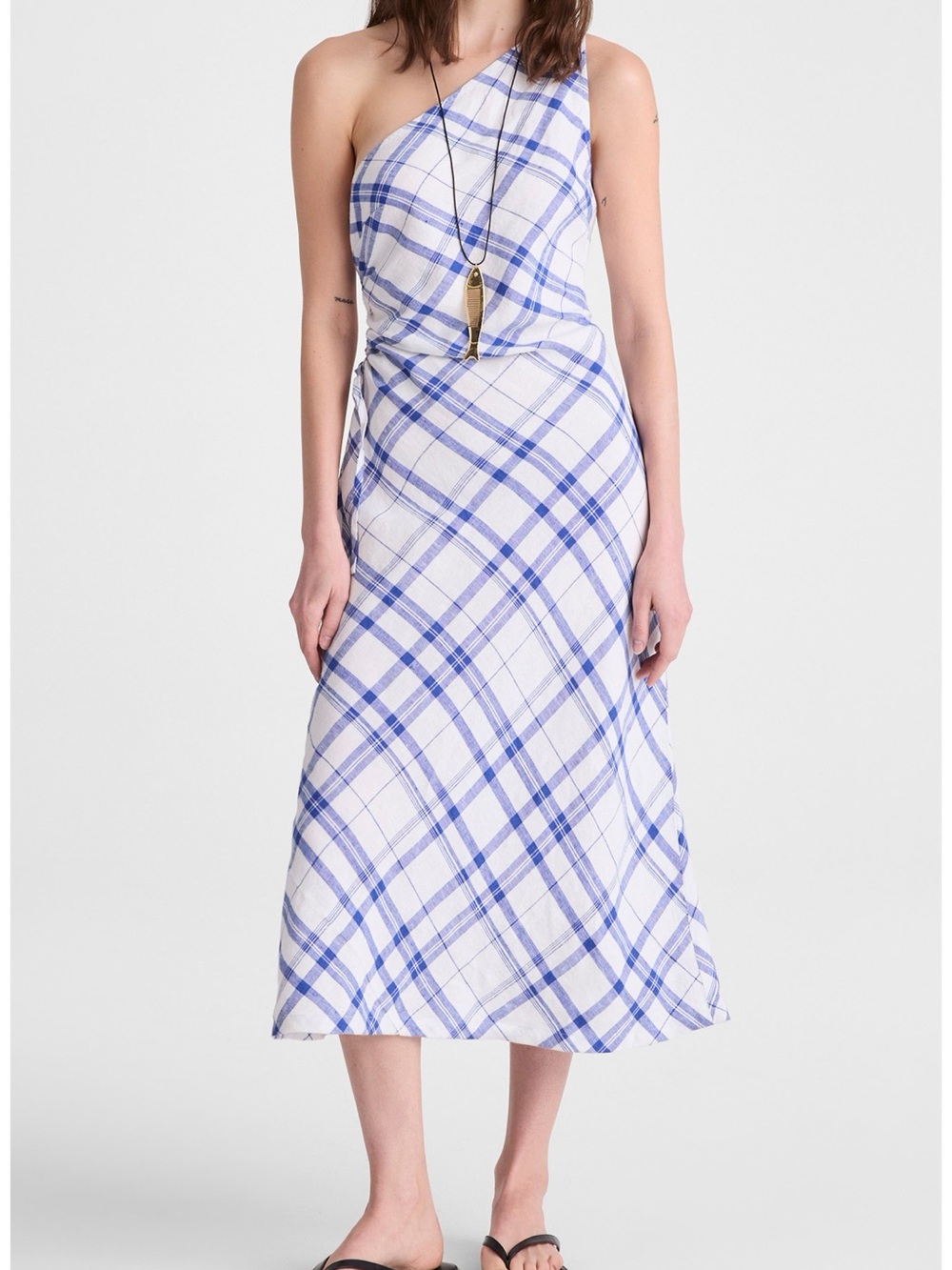 Madewell Ruched One Shoulder Linen Midi Dress Plaid Blue White Size 8